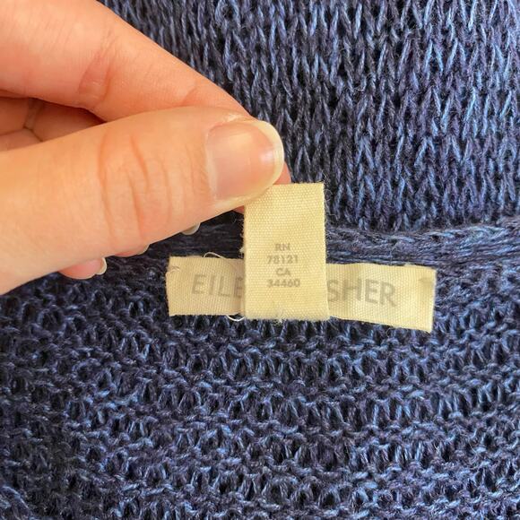 Eileen Fisher Organic Linen Asymmetrical Open Knit Sweater Womens Size M Navy - Picture 6 of 7